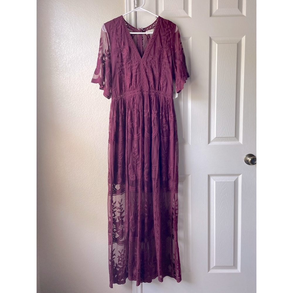 Altar’d State NWOT Boho Lace Evening Gown w/ Floral Mesh - Red / Burgundy